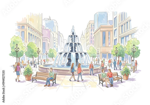 People enjoying a sunny day in a city square with a large tiered fountain
