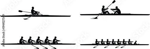 rowing, team, silhouettes, boat, crew, sport, competition, athletes, paddling, kayak, canoe, teamwork, water, race, training, endurance, fitness, nautical, recreation, illustration