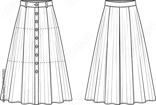 Women's Button Front Midi Skirt Flat Sketch, A-Line Paneled Flare Skirt Technical Drawing, Fashion Vector Template, CAD Illustration for Tech Pack