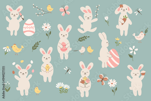 A set of vector Easter design elements. Eggs, chicks, a bunny, Easter baked goods, and flowers on a blue background.