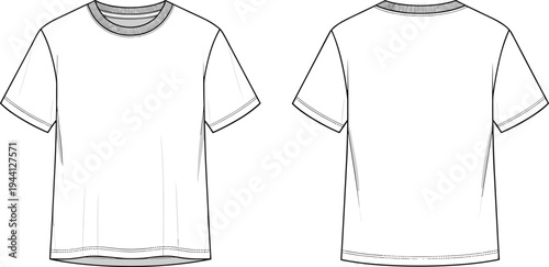 Blank white t-shirt technical sketch front and back view fashion template for design mockup and garment manufacturing flat vector illustration