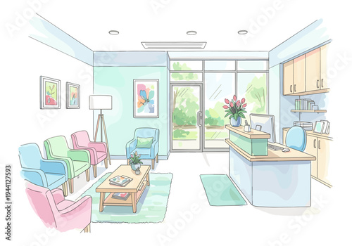 Bright and welcoming waiting room with pastel chairs and a reception desk