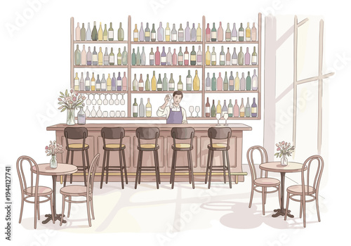 Cozy bar interior with bartender preparing drinks and seating for guests