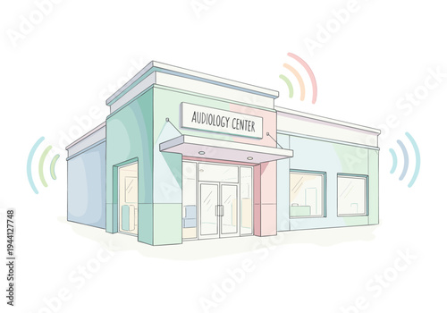 Modern audiology center building with colorful sound wave icons indicating hearing services