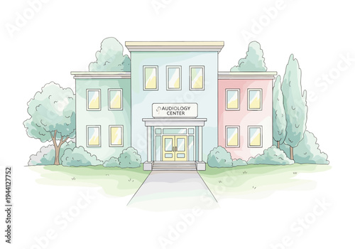 Audiology Center building exterior with trees and landscaping, simple illustration