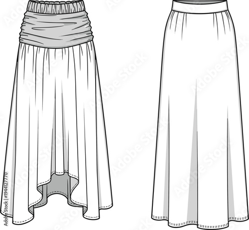 Women's High Low Maxi Skirt Flat Sketch, Elastic Smocked Waistband Technical Drawing, Long Flowy Skirt Vector Template, Fashion Design CAD