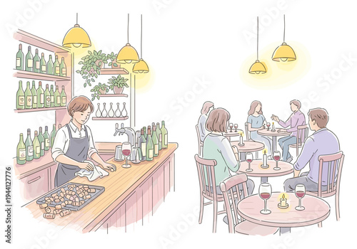 Barista cleaning counter and patrons enjoying wine at tables in a cozy restaurant setting
