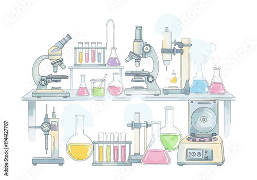 Colorful laboratory equipment illustration with microscopes, beakers, and test tubes on white background