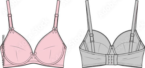 Women's pink bra technical sketch, lingerie front and back view, intimate apparel template, adjustable straps, cad drawing flat vector illustration, underwear.