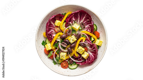 Fotografie Vibrant Mediterranean salad with fresh radicchio, feta cheese, olives, and color