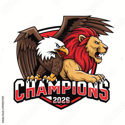 Canvastavla Champions 2026 Roaring Lion Wings Shield Badge Vector Logo Design — Sports Masco
