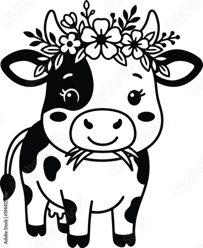 Adorable cartoon calf with flower crown and straw, cute farm animal illustration.