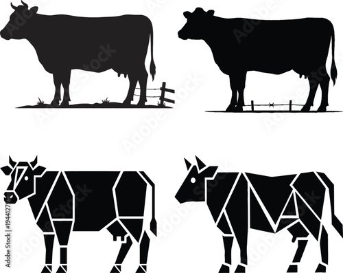 Black cow silhouette collection featuring cattle profiles and geometric farming illustrations