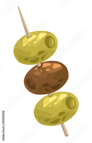Olives on Skewer Appetizer Illustration. Mediterranean food. Vector.