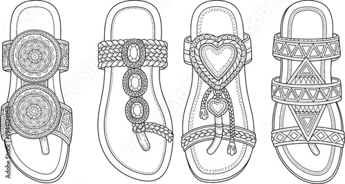 Boho summer sandals collection technical sketch, decorative flip flops set, ethnic beach footwear, cad drawing flat vector illustration, fashion accessory template.