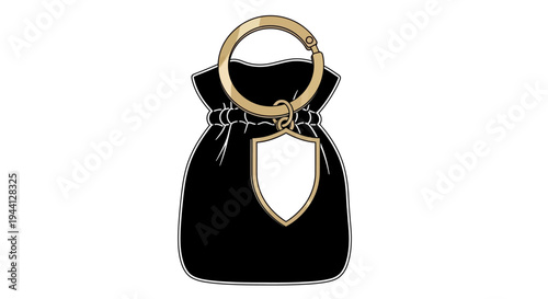 Black drawstring bag with gold shield charm on white background