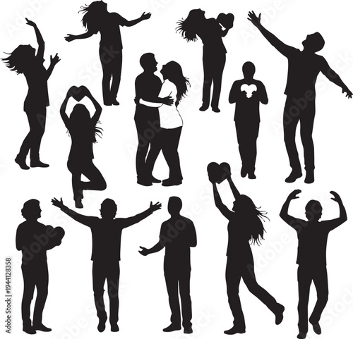 A black vector illustration shows an evolution of people silhouettes, from a business group and family with a child to dancing musicians and jumping men having fun at a music party