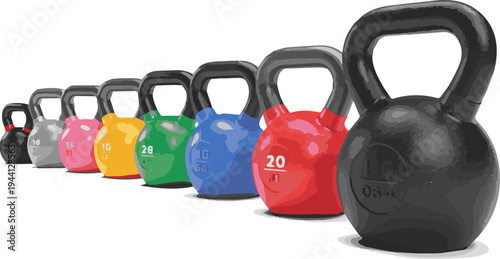 Isolated a realistic kinds of deferent Kettlebell gym weight 3d render vector art with white background..