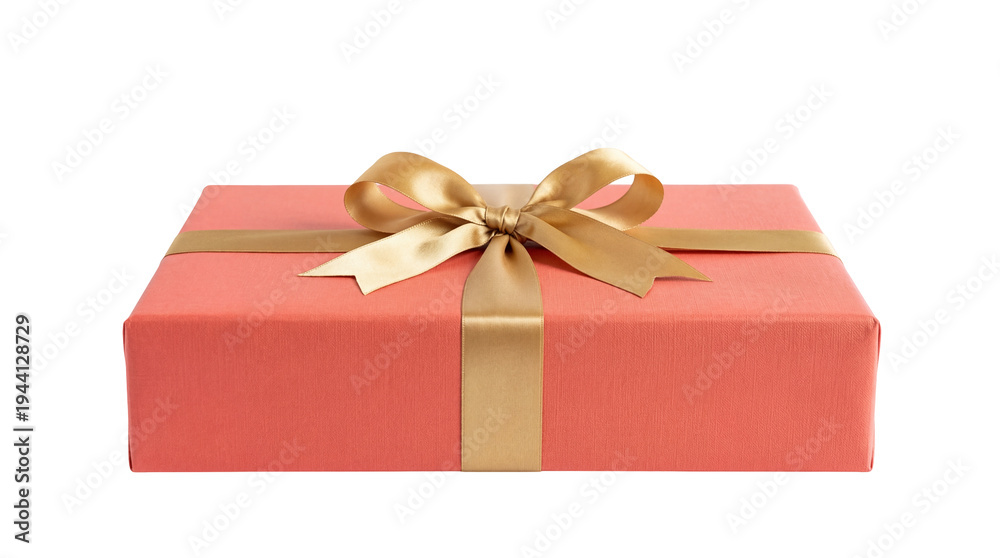 Obraz premium Beautiful coral peach gift box with elegant golden satin ribbon and bow, a perfectly wrapped present isolated for festive celebrations and special occasions PNG