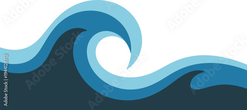 Stylized graphic illustration of flowing ocean waves in various shades of blue