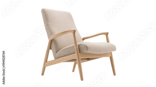 Photography Comfortable modern armchair with light beige fabric upholstery and natural light