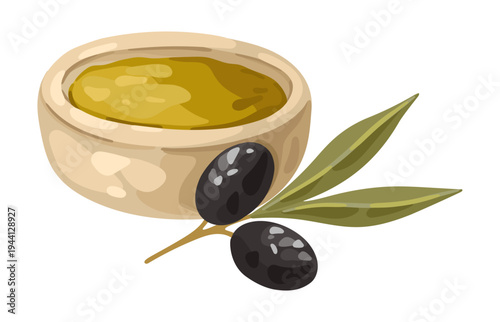 Bowl of Olive Oil With Olives. Mediterranean food. Vector.