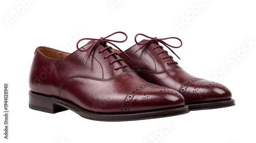 Fotografie Elegant pair of polished brown leather oxford shoes with brogue detailing and re