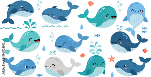 Cute Whale Cartoon Vector Collection Featuring Adorable Blue Whales Swimming, Smiling and Splashing Water with Fish, Bubbles and Ocean Elements.