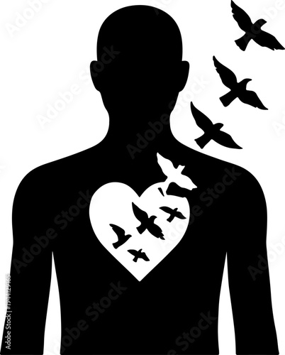 A man's silhouette with a heart on his chest and flying birds.