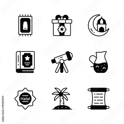 Collection of Ramadan icons including prayer rug, gift, moon, and Quran. Perfect for holiday designs.