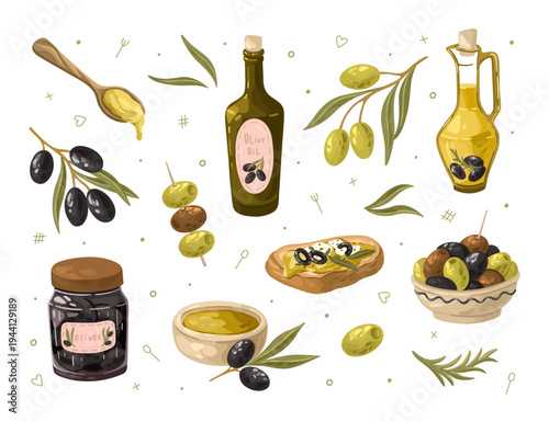 Hand-drawn Olives and Olive Oil collection. Mediterranean food. Vector illustration.