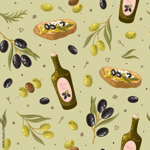 Seamless pattern with olive oil and olives. Mediterranean food. Vector illustration.