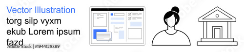 Web development, finance, user interface, digital tools, banking services, conceptual design. Interface layout, woman portrait bank icon. Web development and finance applications concept
