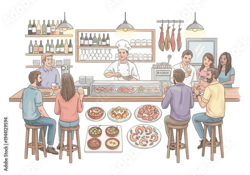 People enjoying tapas and drinks at a bar with a chef serving food behind the counter