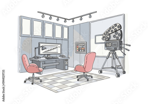 Modern minimalist studio setup with vintage film camera and computer workstation