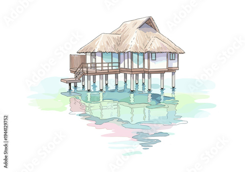 Hand-drawn illustration of a thatched-roof overwater bungalow reflected in calm turquoise water