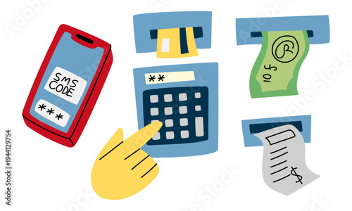 26,03,3,4Flat illustration of banking operations including mobile payment, ATM cash withdrawal and card transaction. Finance graphic for business web banners, banking apps or secure payment stickers.