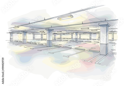 Empty underground parking garage with concrete pillars and parking spaces