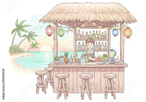 Tropical beach bar with bartender preparing drinks at sunset with palm trees and ocean view