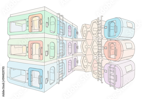 Modern capsule hotel rooms stacked in a minimalist, colorful illustration style
