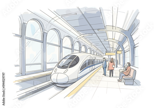 Modern high-speed train arriving at a clean, bright station platform with waiting passengers