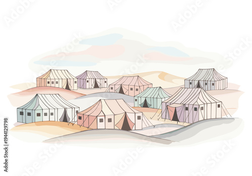 Colorful desert encampment with multiple tents set up on sand dunes under a pastel sky