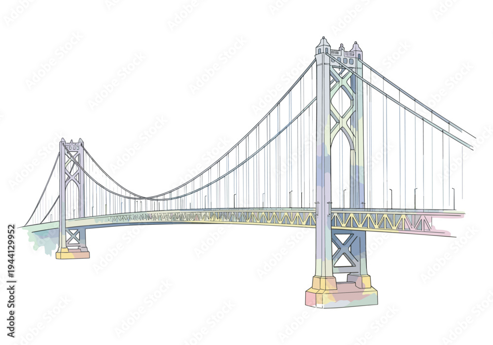 Fototapeta premium Watercolor illustration of a suspension bridge with pastel colors on a white background