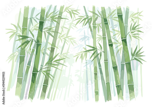 Serene bamboo forest with lush green stalks and delicate leaves in a watercolor style