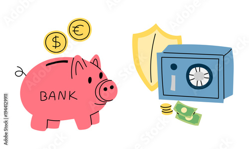 Flat illustration of bank savings and security with pink piggy bank, safe and protective shield. Finance graphic for banking web banners, insurance posters or wealth management stickers.