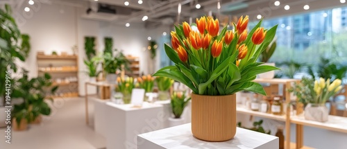 Wallpaper Mural Bright tulips in a ceramic vase placed on a table in a modern home cafe with blurred background during spring season Torontodigital.ca
