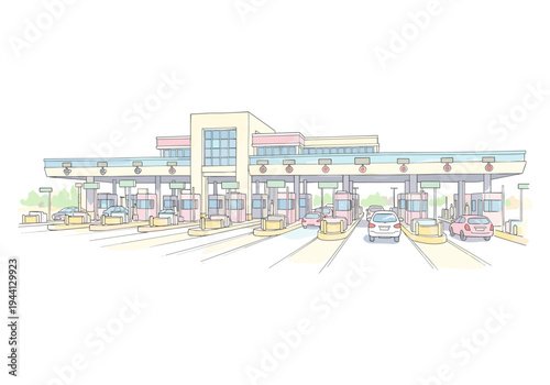Illustration of a toll plaza with cars queuing at the booths on a sunny day