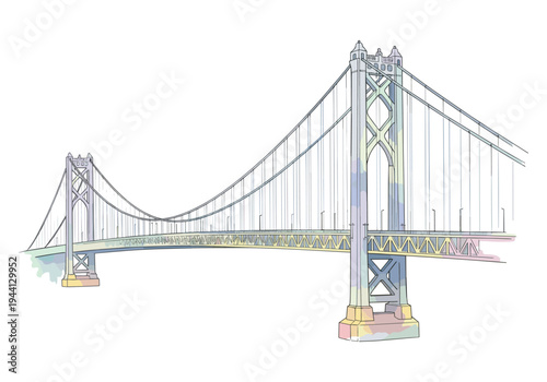 Watercolor illustration of a suspension bridge with pastel colors on a white background