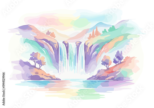 Pastel watercolor landscape featuring a serene waterfall cascading into a tranquil lake