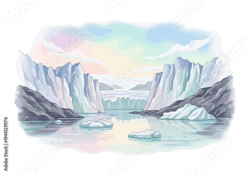 Serene Arctic landscape with towering glaciers and floating icebergs in calm water
